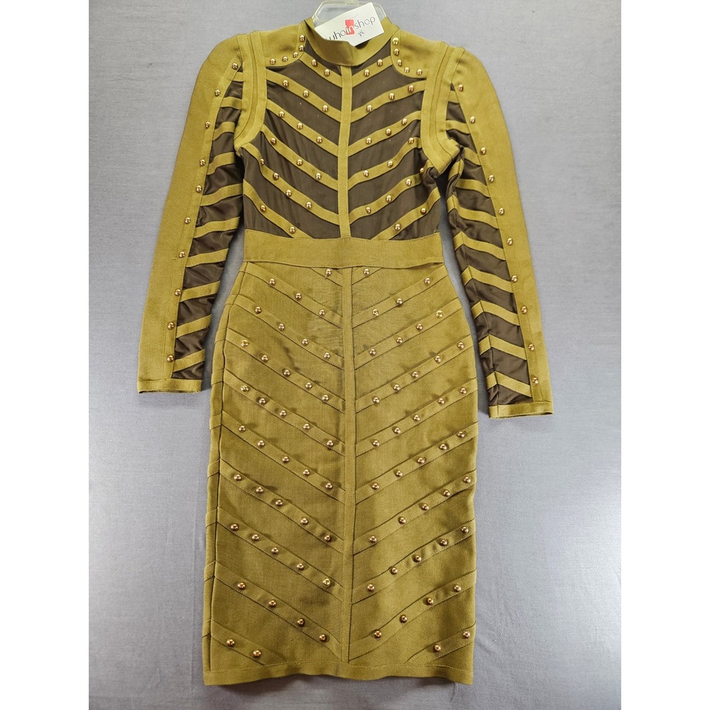 Whoinshop Olive Green Studded Mesh Long Sleeve Bandage Bodycon Dress Medium NWT